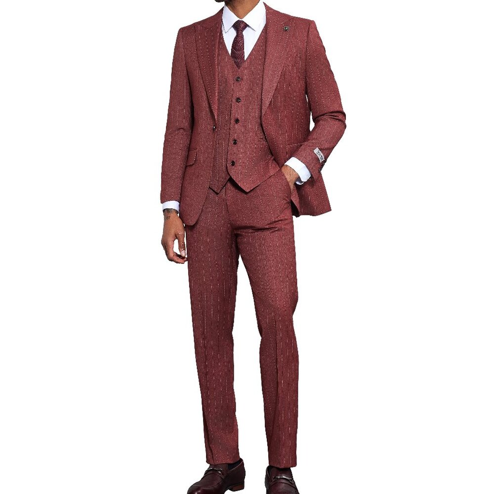 Burgundy Pinstriped 3 Piece Stacy Adams Men's Suit